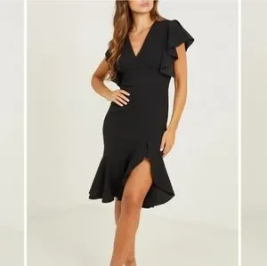 Lord Taylor Quiz V Neck Frill Hem Scuba Midi Dress in Black 10